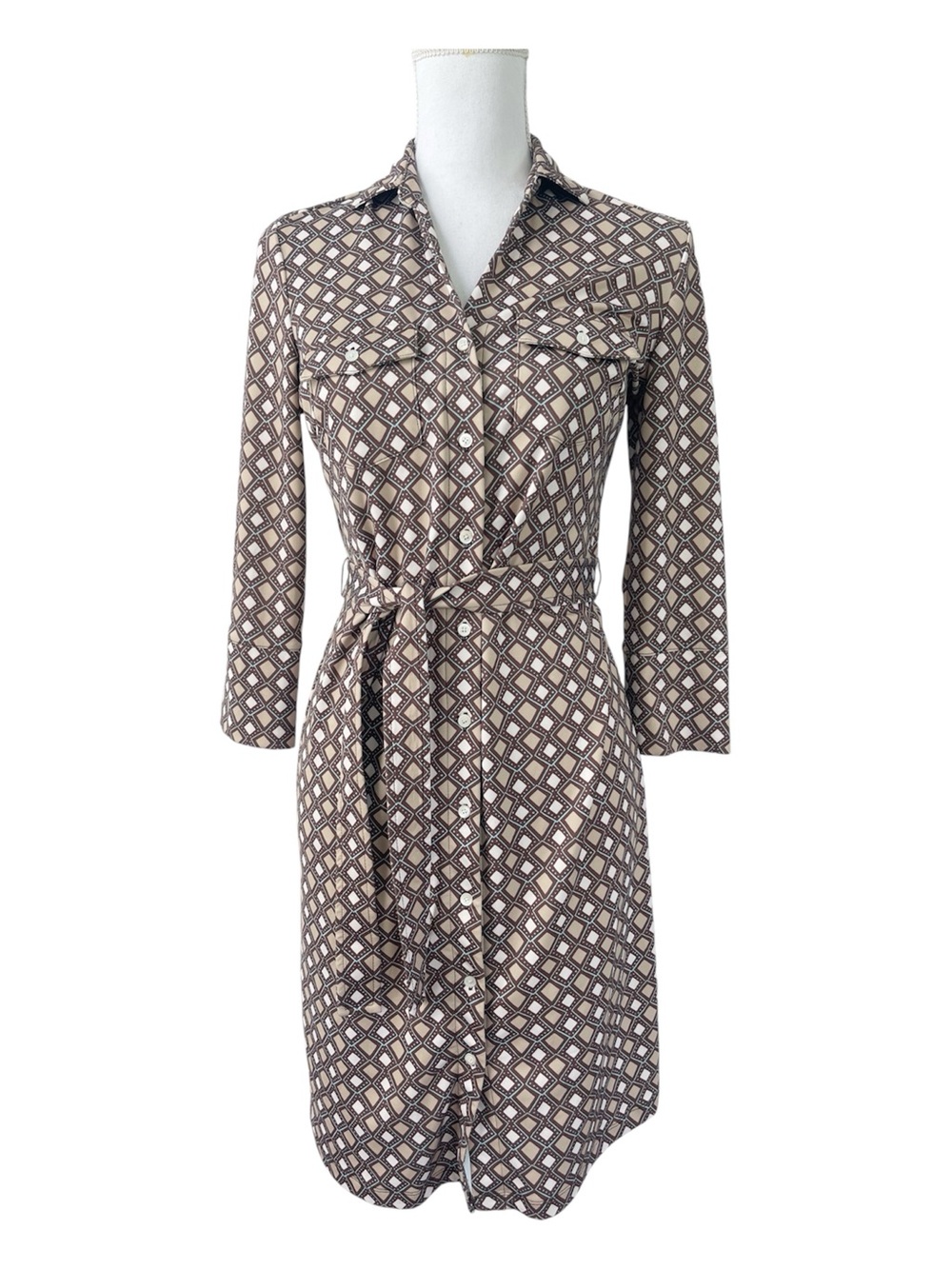 J McLaughlin Brynn Shirt Dress Brown Geometric Stretch Belted XS